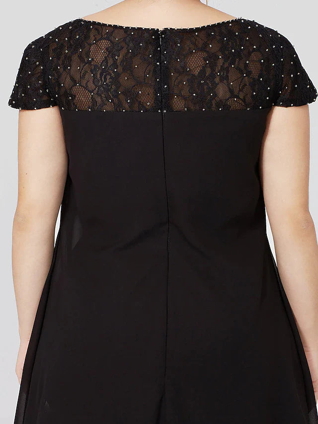 Wholesale Sheath / Column Mother of the Bride Dress Formal Little Black Dress Plus Size See Through Jewel Neck Knee Length Chiffon Lace Short Sleeve No with Pleats Beading Lace Insert