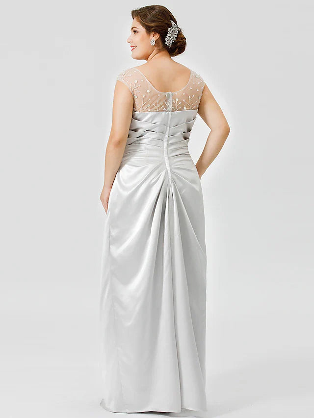Wholesale Sheath / Column Mother of the Bride Dress Classic & Timeless Elegant & Luxurious Plus Size Jewel Neck Floor Length Satin Sleeveless No with Pleats Crystals