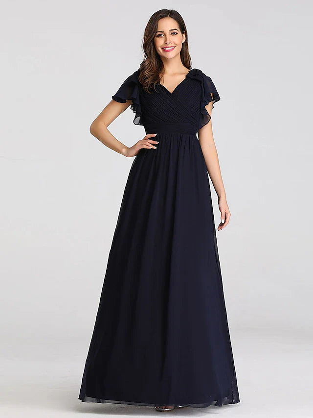 Wholesale A-Line Mother of the Bride Dress Plus Size V Neck Floor Length Chiffon Short Sleeve with Ruffles Ruching