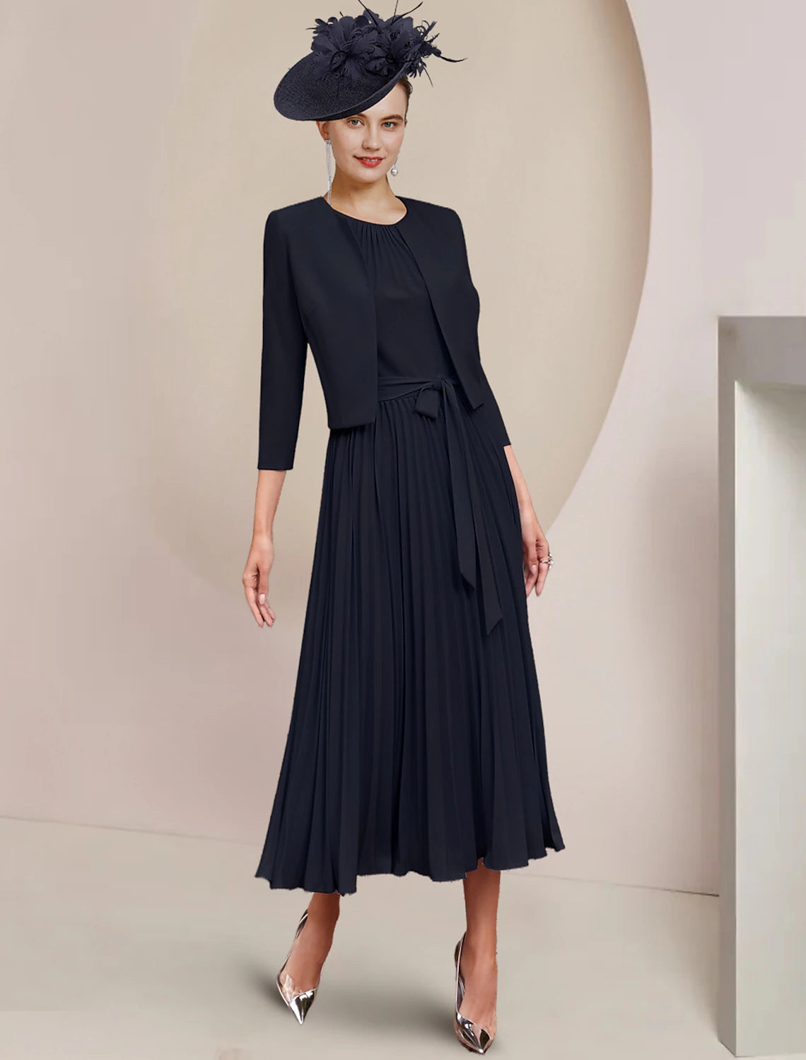 Wholesale  Two Piece A-Line Mother of the Bride Dress Wedding Guest Party Vintage Elegant Scoop Neck Tea Length Chiffon Sleeveless Wrap Included with Bow(s) Pleats