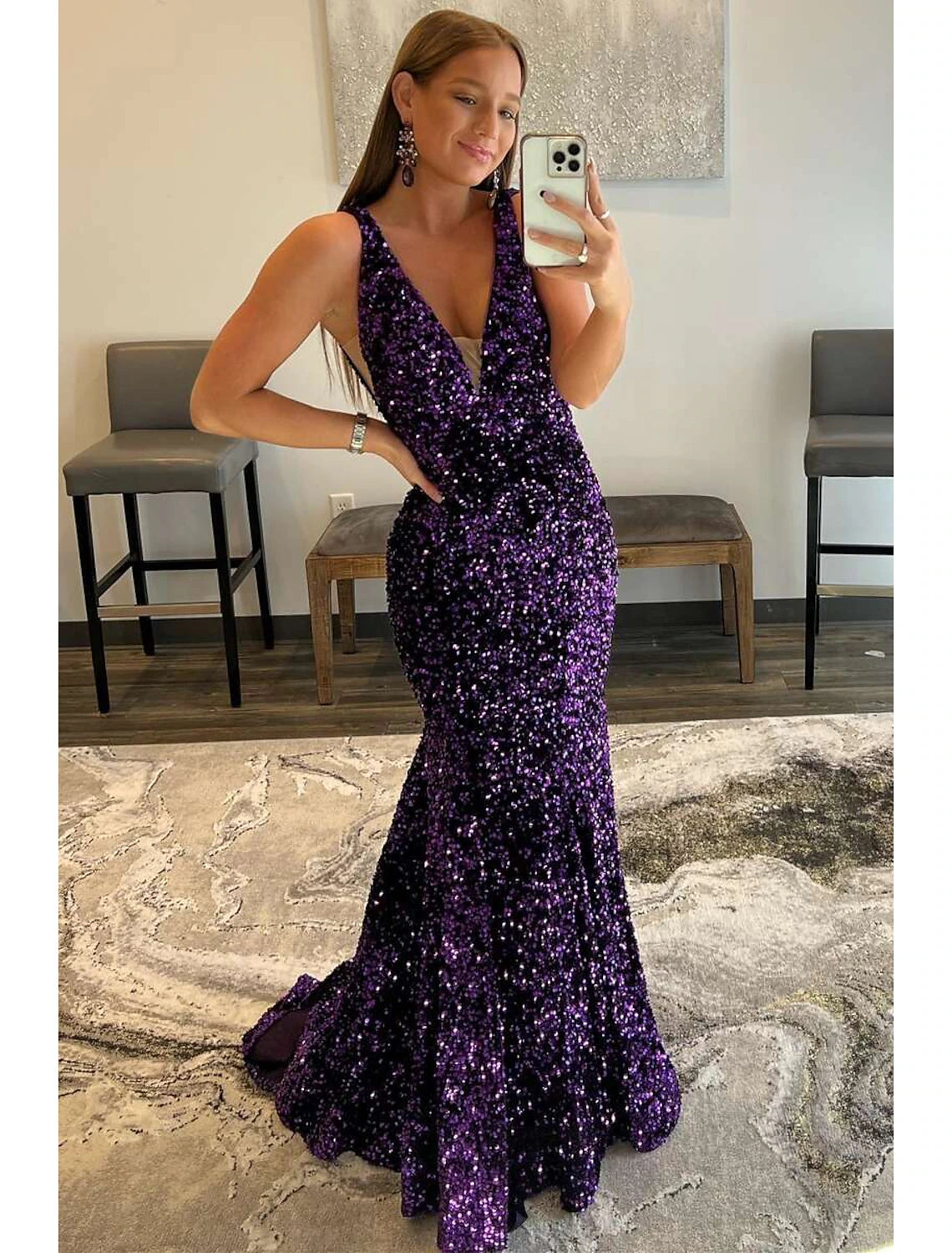 Wholesale  Mermaid / Trumpet Prom Dresses Sparkle & Shine Dress Formal Prom Sweep / Brush Train Sleeveless V Neck Sequined Backless with Sequin