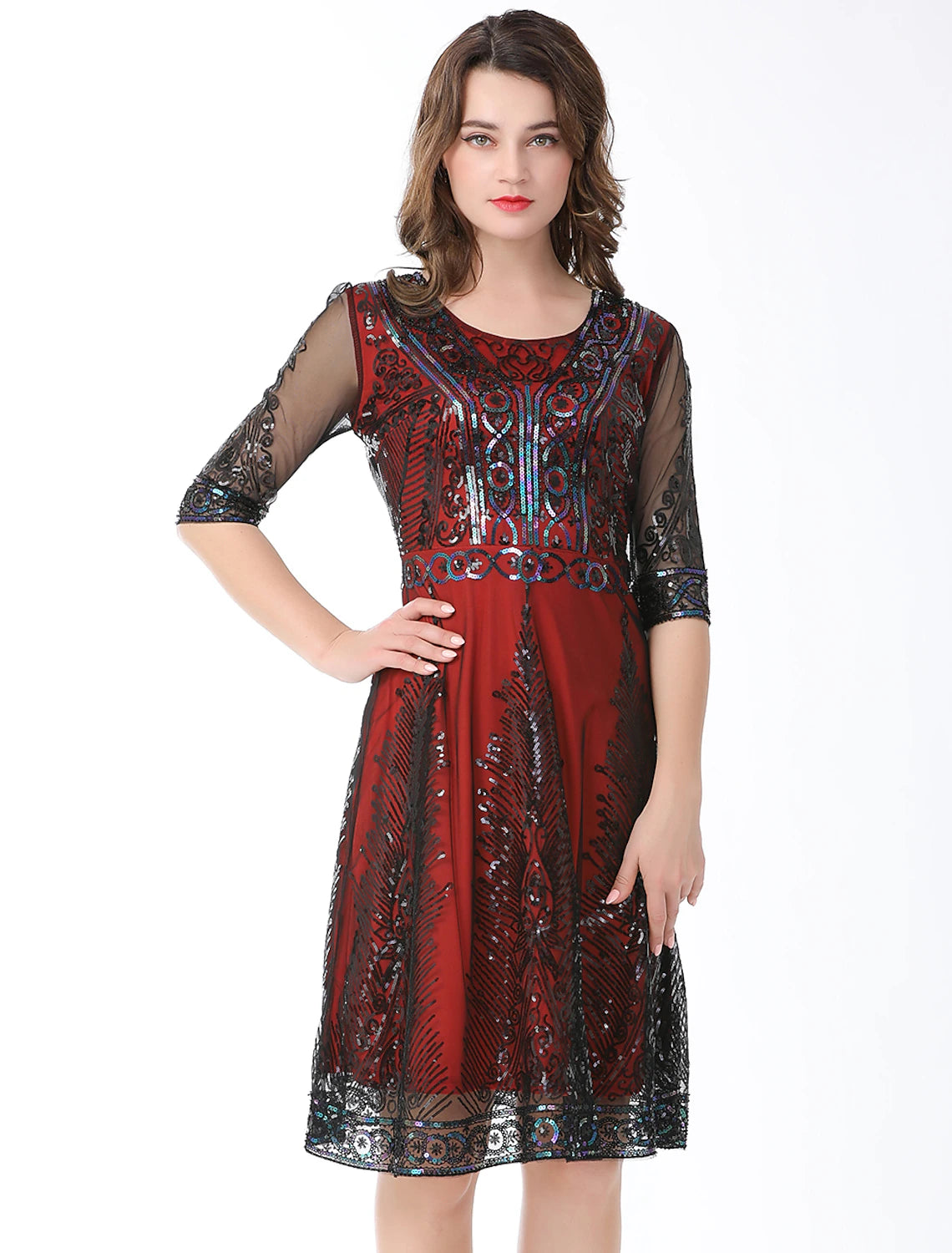 Wholesale A-Line Elegant Vintage Holiday Party Wear Dress Jewel Neck Half Sleeve Knee Length Cotton Blend with Sequin Splicing