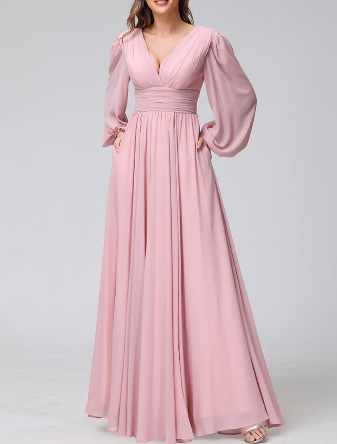 Wholesale A-Line Bridesmaid Dress V Neck Long Sleeve Pink Floor Length Chiffon with Split Front / Ruching