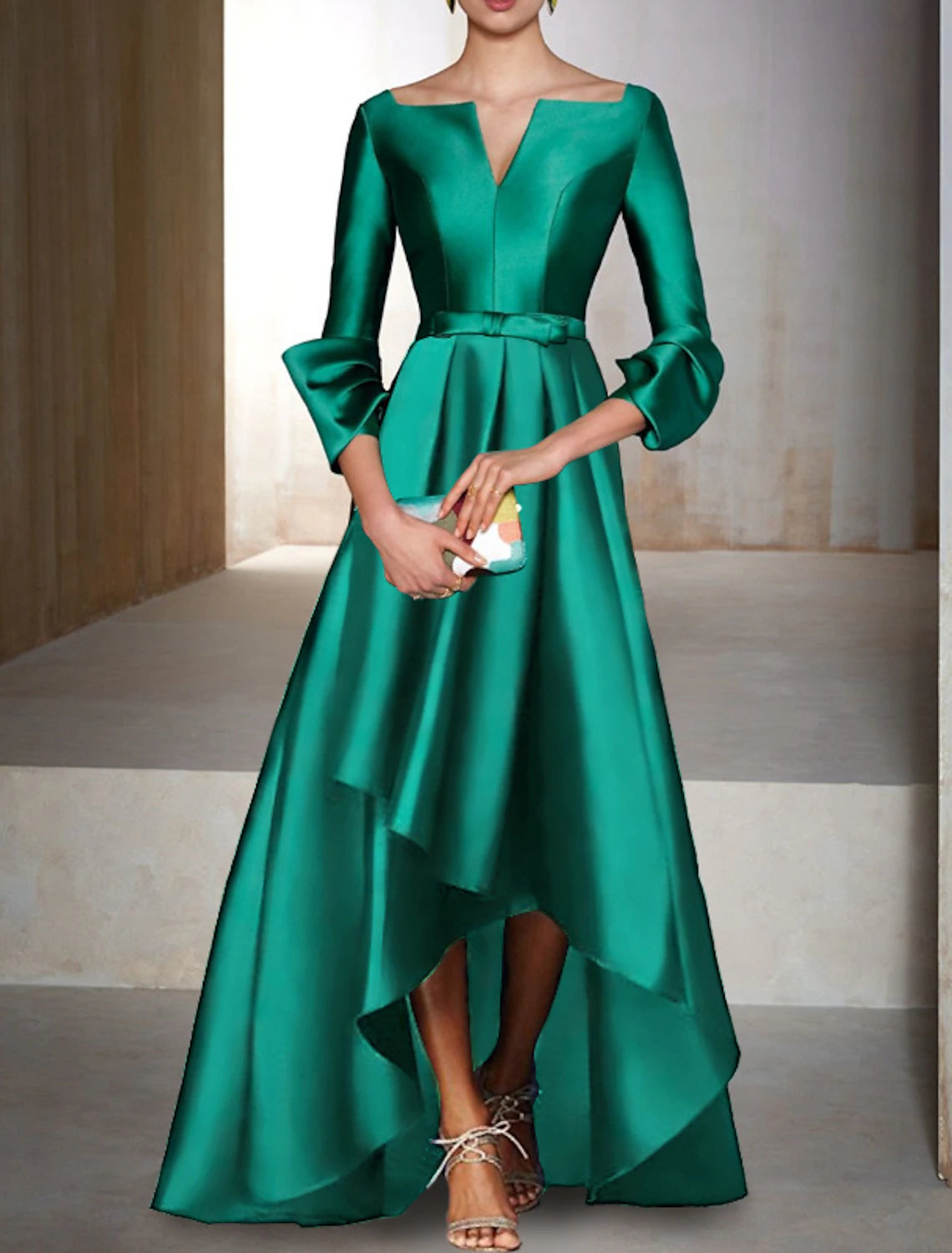 Wholesale A-Line Evening Gown Elegant Dress Christmas Red Green Dress Formal Wedding Guest Floor Length 3/4 Length Sleeve V Neck Satin with Bow(s)