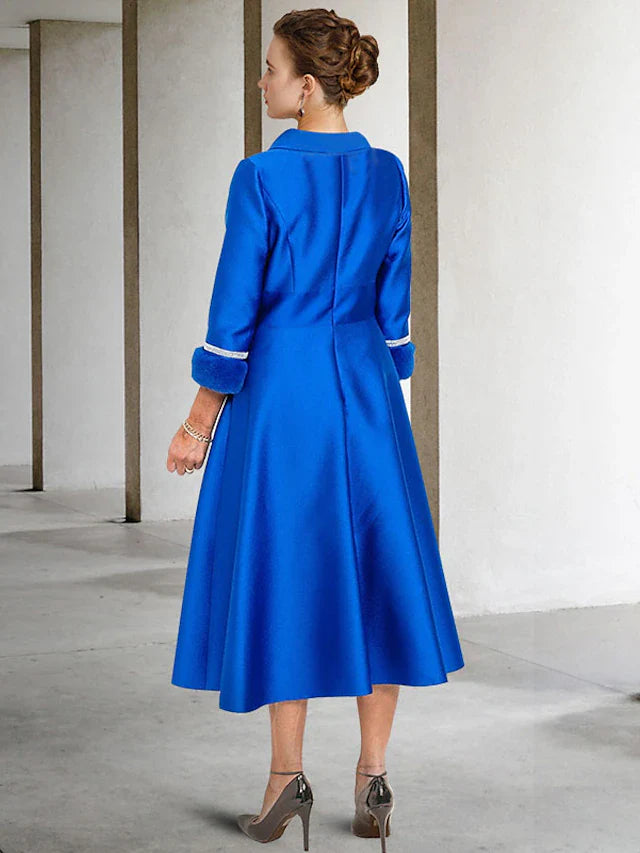 Wholesale Two Piece A-Line Mother of the Bride Dress Elegant Jewel Neck Tea Length Satin Half Sleeve Jacket Dresses with Bow(s) Pleats Crystals