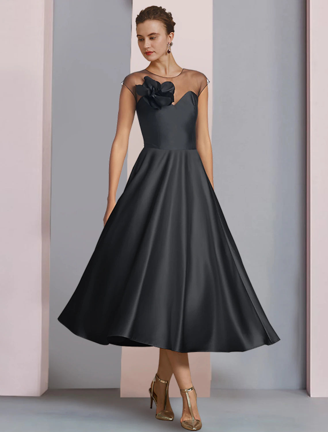 Wholesale A-Line Mother of the Bride Dress Wedding Guest Party Elegant Scoop Neck Tea Length Satin Half Sleeve with Pleats Flower