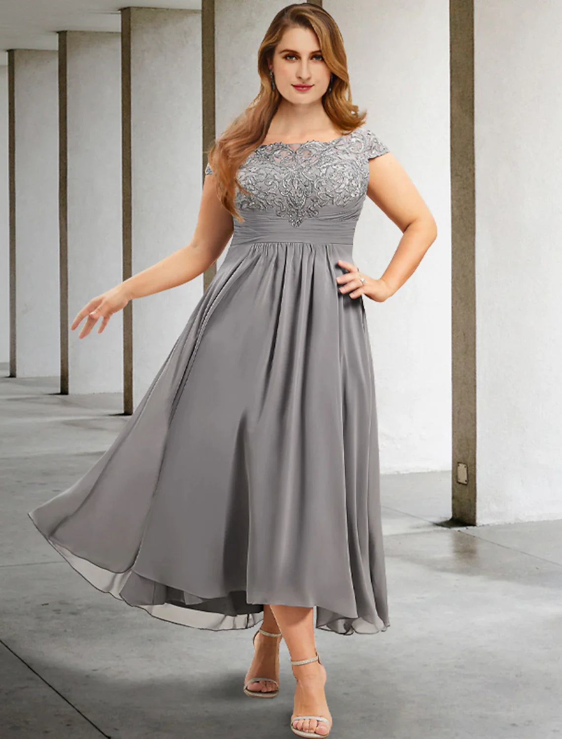 Wholesale A-Line Plus Size Curve Mother of the Bride Dresses Elegant Dress Formal Wedding Guest Tea Length Short Sleeve Jewel Neck Chiffon with Pleats Ruched Appliques