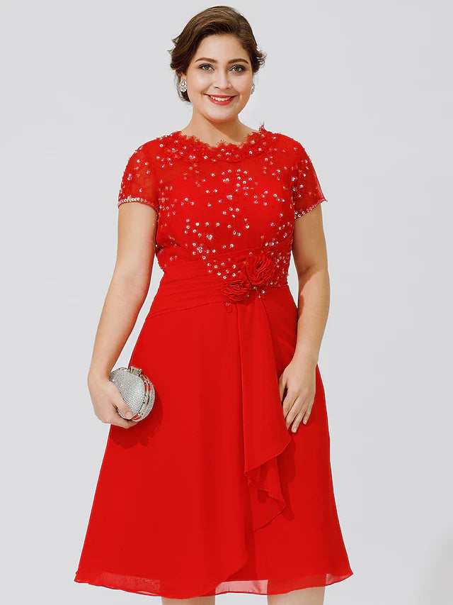 Wholesale A-Line Mother of the Bride Dress Elegant & Luxurious Beautiful Back Plus Size Jewel Neck Knee Length Chiffon Beaded Lace Short Sleeve No with Pleats Beading Flower