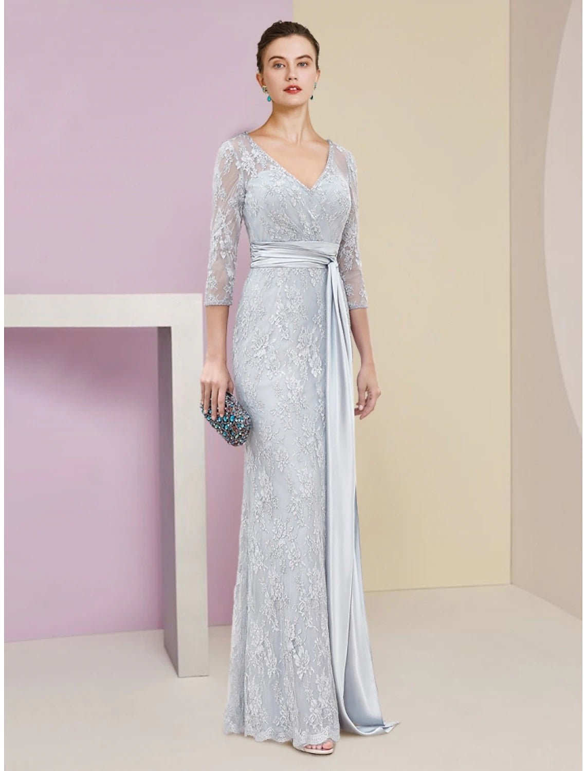 Wholesale A-Line Mother of the Bride Dress Wedding Guest Elegant V Neck Floor Length Chiffon Lace 3/4 Length Sleeve with Ruching Solid Color