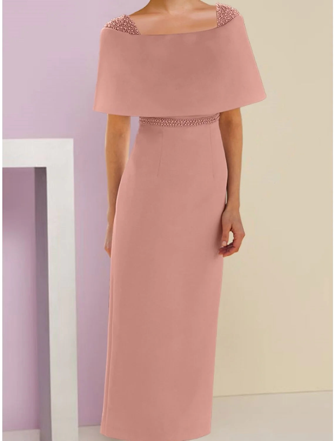 Wholesale A-Line Mother of the Bride Dress Wedding Guest Elegant Off Shoulder Ankle Length Stretch Fabric Short Sleeve with Beading Solid Color