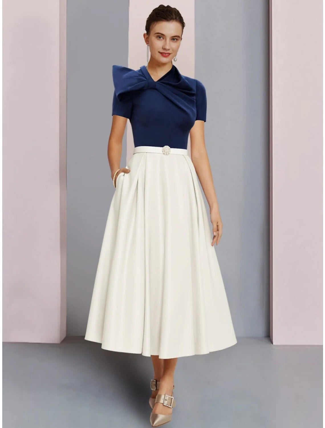 Wholesale A-Line Mother of the Bride Dress Wedding Guest Elegant Jewel Neck Tea Length Satin Short Sleeve with Bow(s) Crystal Brooch Ruching