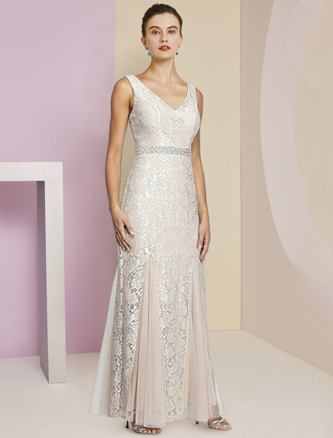 Wholesale  A-Line Mother of the Bride Dress Formal Wedding Guest Elegant V Neck Ankle Length Chiffon Lace Sleeveless Wrap Included with Pleats Appliques