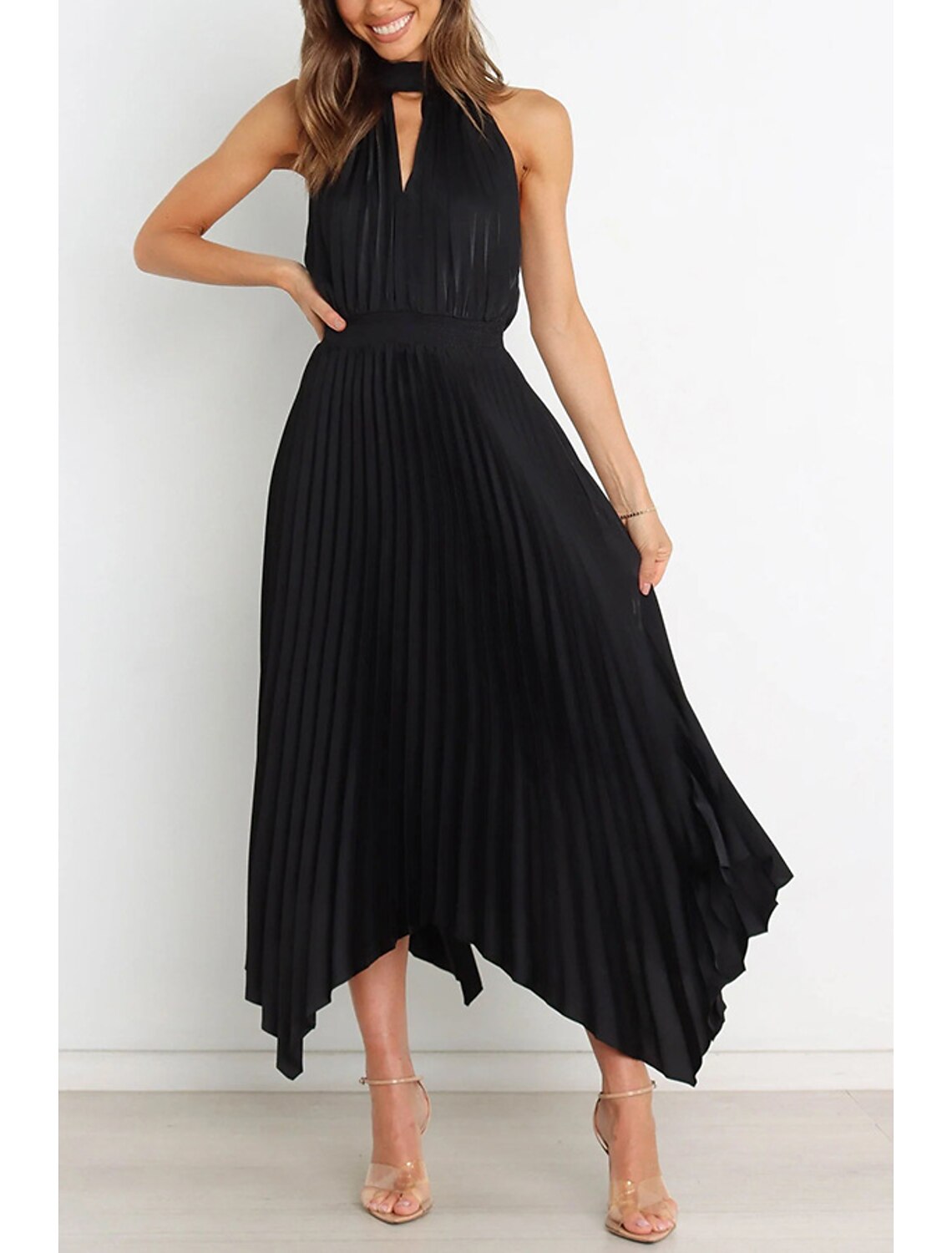 Wholesale A-Line Party Dresses Casual Dress Homecoming Wedding Guest Asymmetrical Sleeveless Halter Neck Satin with Pleats