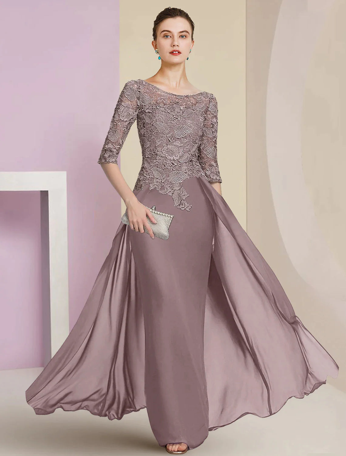 Wholesale Sheath / Column Mother of the Bride Dress Formal Wedding Guest Elegant Scoop Neck Floor Length Chiffon Lace Half Sleeve with Appliques