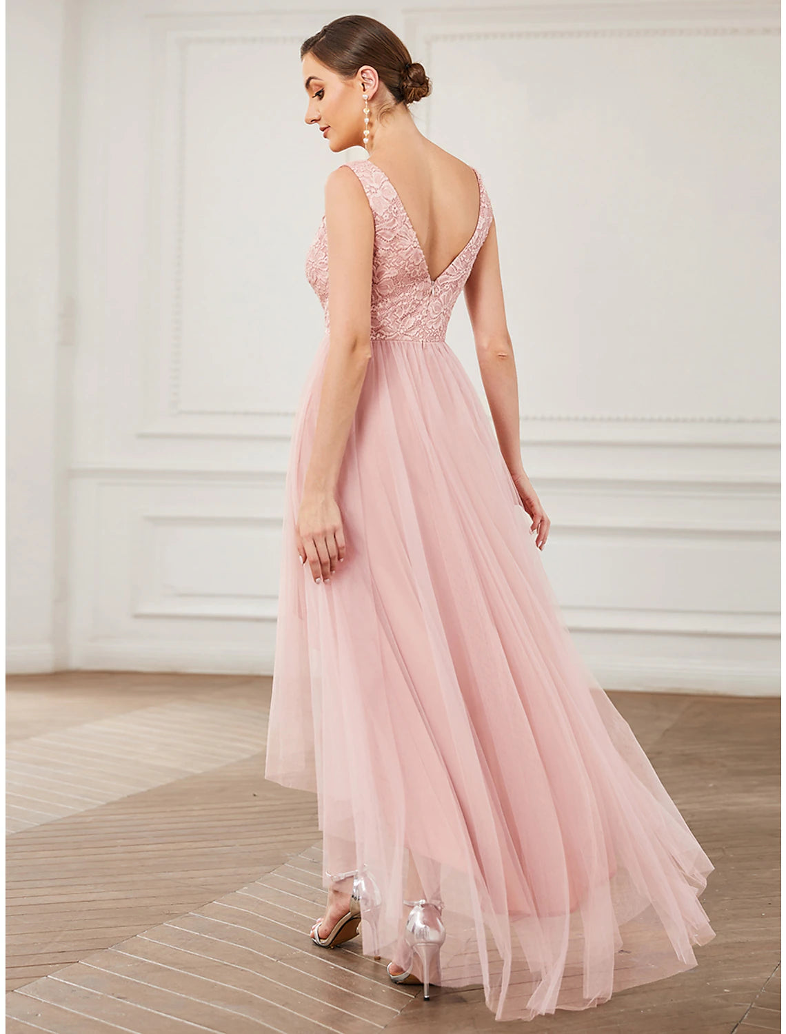 Wholesale  A-Line Bridesmaid Dress V Neck Sleeveless Elegant Short / Mini Lace / Tulle with Draping / Ruching