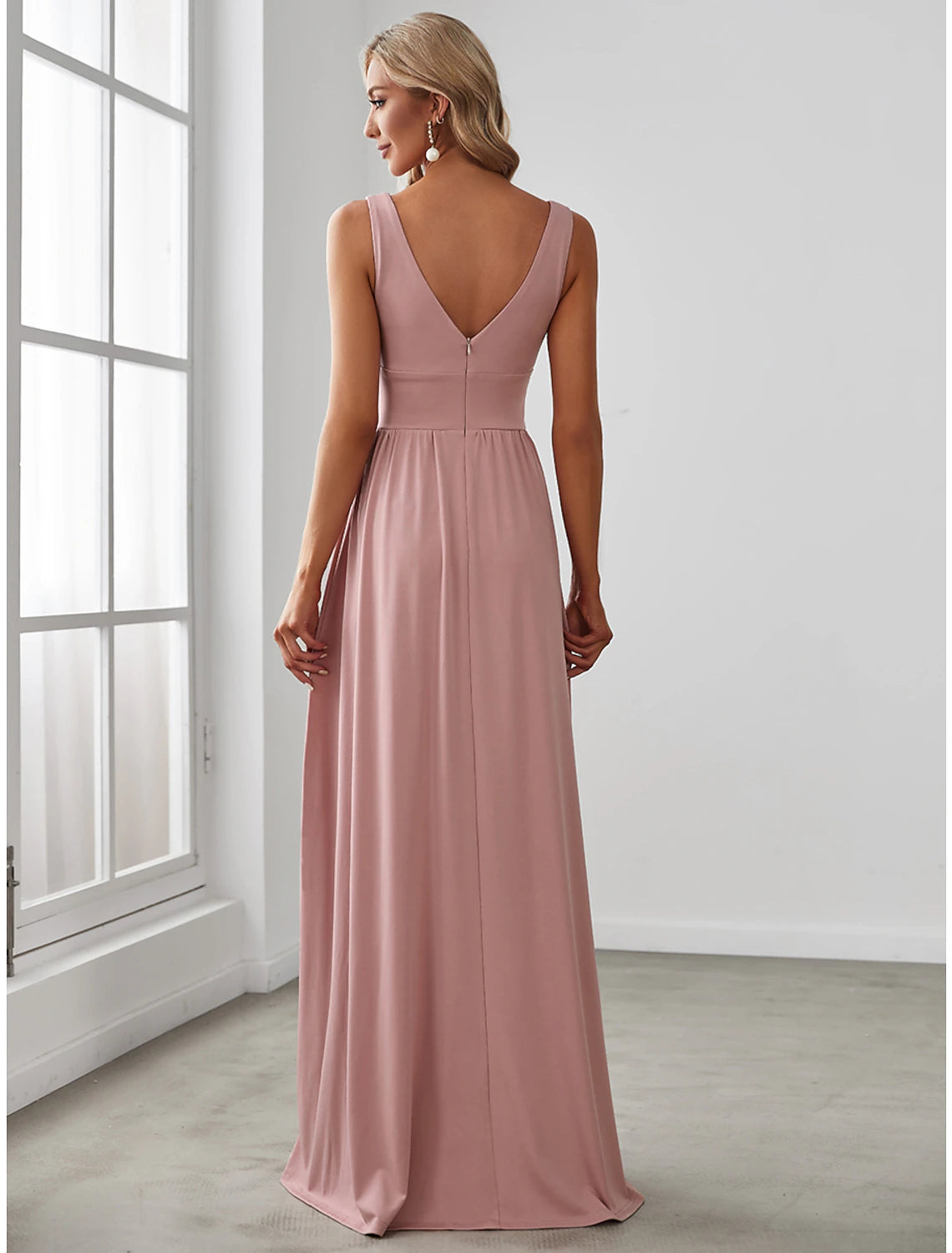 Wholesale  A-Line Prom Dresses High Split Dress Wedding Guest Formal Evening Floor Length Sleeveless V Neck Bridesmaid Dress Chiffon V Back with Slit