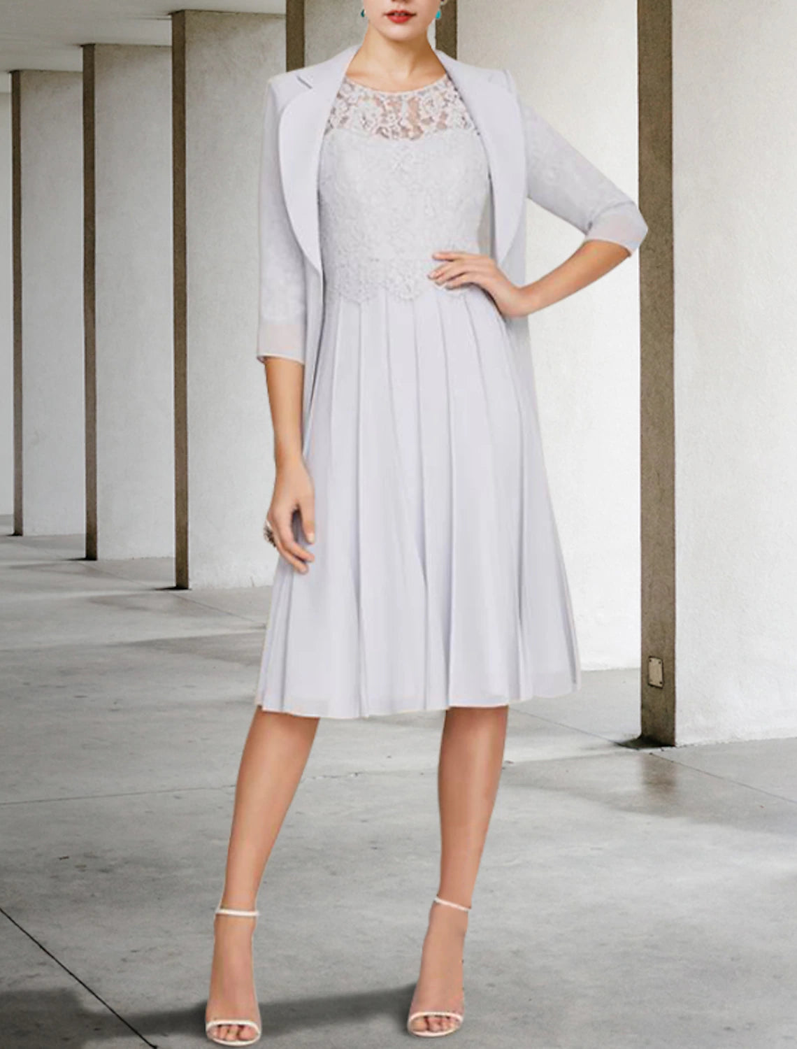 Wholesale  Two Piece A-Line Mother of the Bride Dress Church Elegant V Neck Knee Length Satin Lace Half Sleeve Jacket Dresses with Pleats