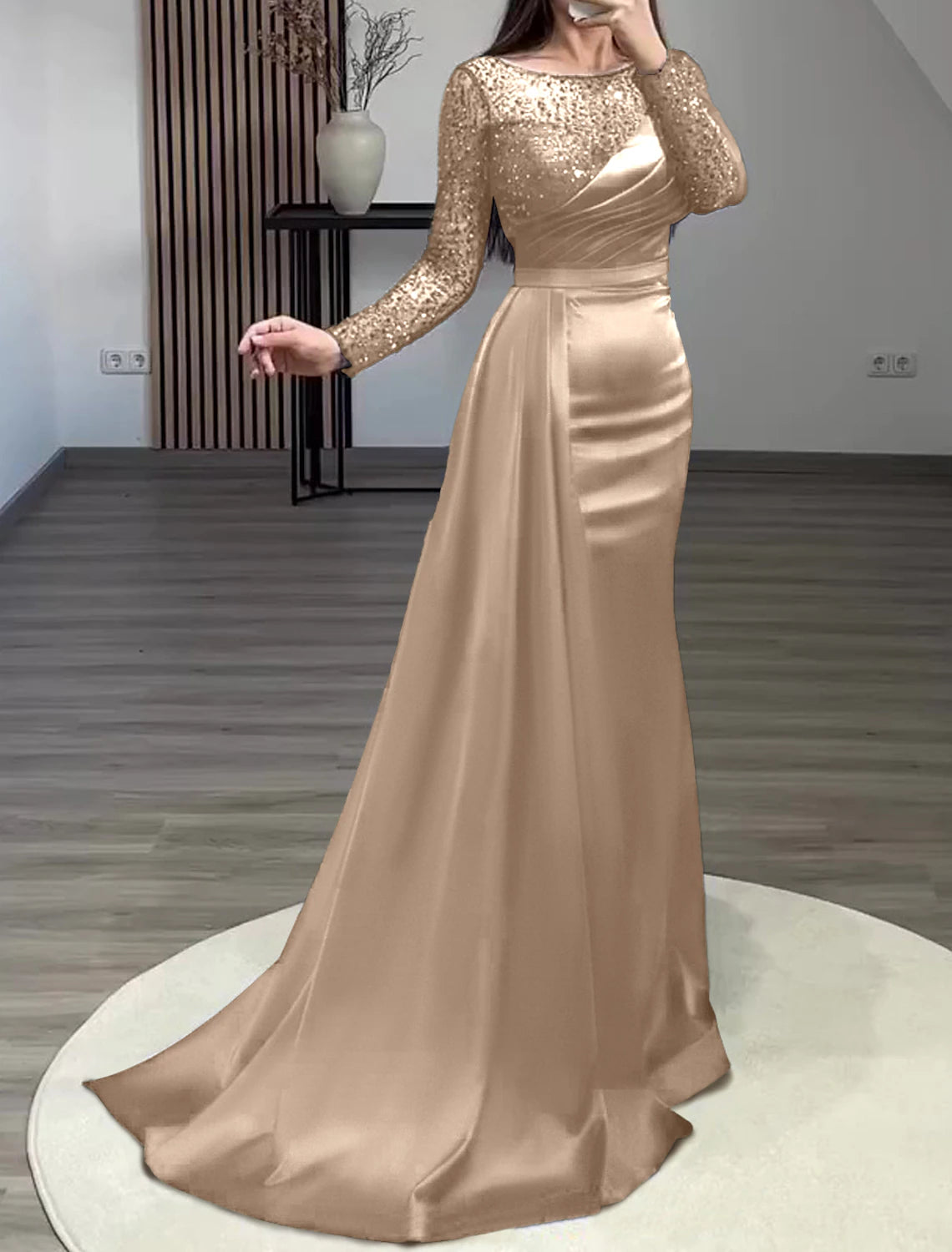 Wholesale Mermaid Dress Evening Gown Christmas Red Green Dress Formal Wedding Guest Court Train Long Sleeve Jewel Neck Charmeuse with Ruched Pearls Sequin