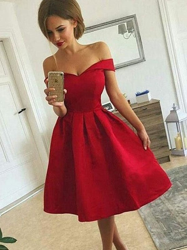 Wholesale A-Line/Princess Satin Off-the-Shoulder Sleeveless Ruched Knee-length Dresses