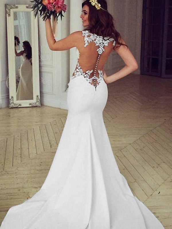 Wholesale Trumpet/Mermaid Scoop Sleeveless Sweep/Brush Train Applique Stretch Crepe Wedding Dresses