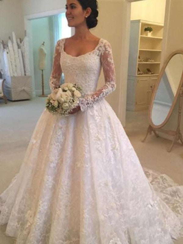 Wholesale Ball Gown Long Sleeves Scoop Cathedral Train Ruffles Lace Wedding Dresses