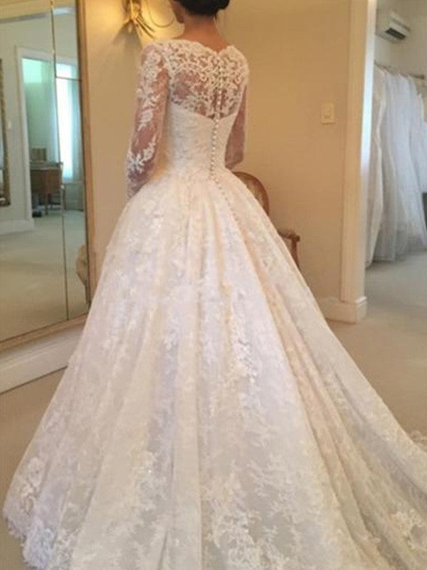 Wholesale Ball Gown Long Sleeves Scoop Cathedral Train Ruffles Lace Wedding Dresses