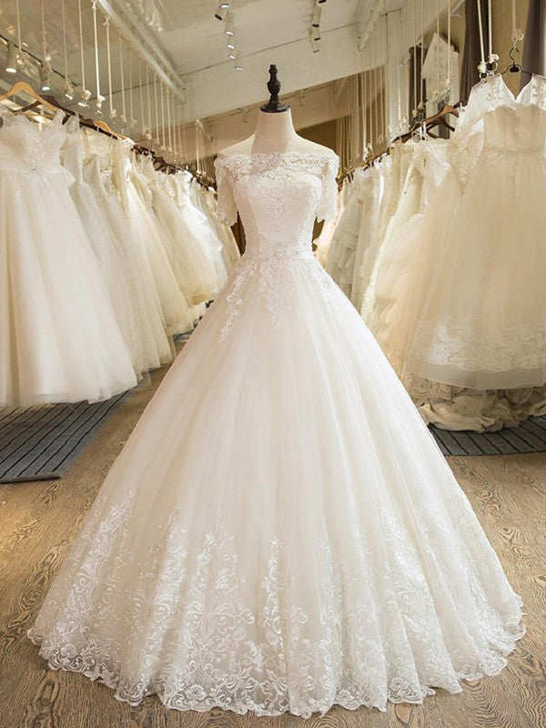 Wholesale Ball Gown 1/2 Sleeves Off-the-Shoulder Floor-Length Applique Lace Tulle Wedding Dresses