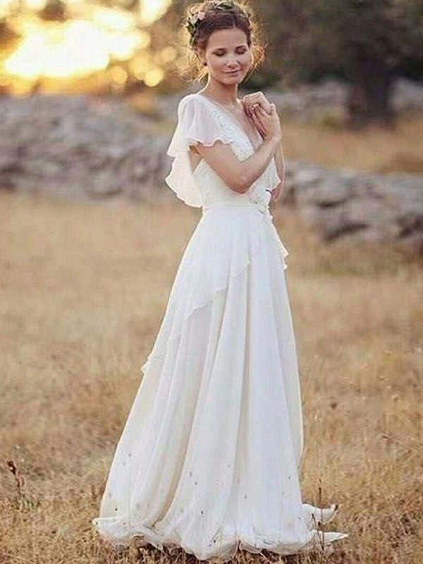 Wholesale A-Line/Princess Chiffon V-neck Ruched Short Sleeves Floor-Length Wedding Dresses