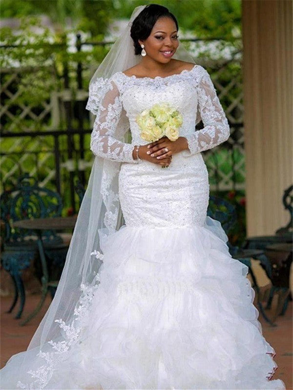 Wholesale Trumpet/Mermaid Square Applique Organza Long Sleeves Chapel Train Wedding Dresses