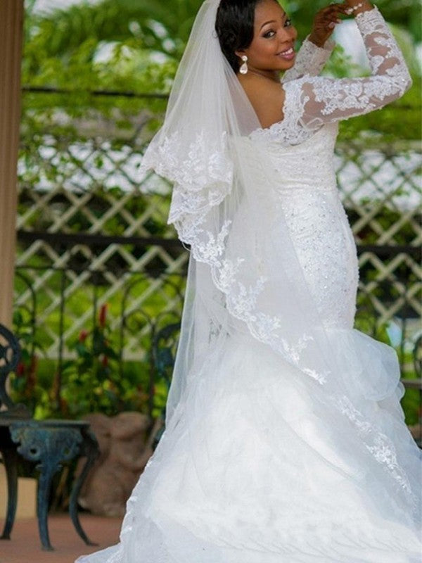 Wholesale Trumpet/Mermaid Square Applique Organza Long Sleeves Chapel Train Wedding Dresses
