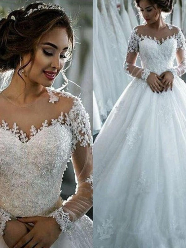 Wholesale Ball Gown Applique Tulle Scoop Long Sleeves Court Train Wedding Dresses
