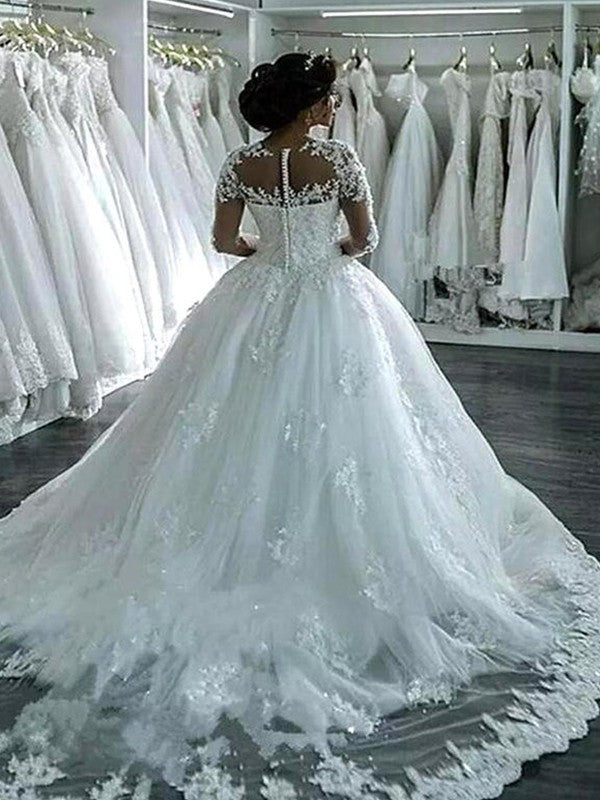 Wholesale Ball Gown Applique Tulle Scoop Long Sleeves Court Train Wedding Dresses