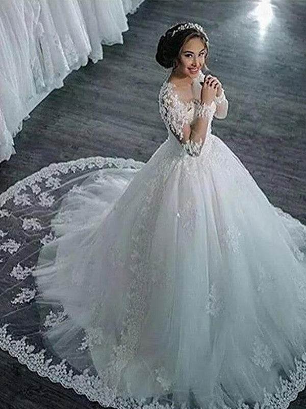 Wholesale Ball Gown Applique Tulle Scoop Long Sleeves Court Train Wedding Dresses