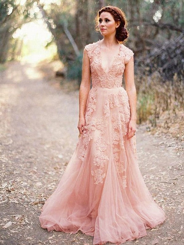 Wholesale A-Line/Princess Applique Tulle V-neck Sleeveless Sweep/Brush Train Wedding Dresses