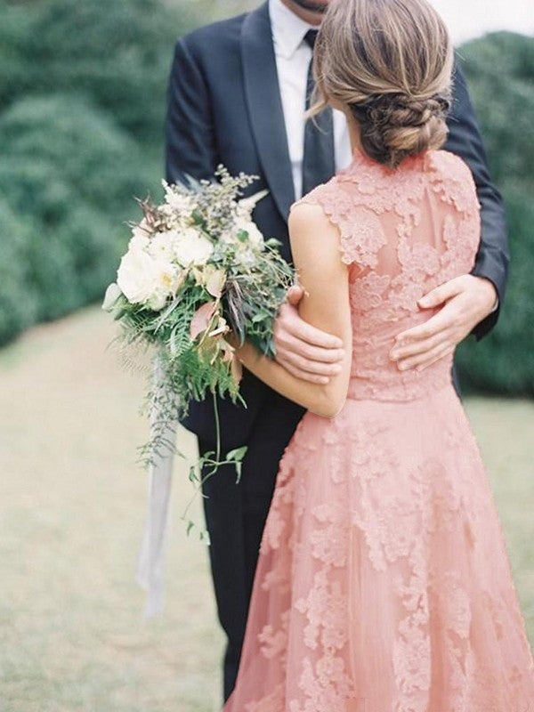 Wholesale A-Line/Princess Applique Tulle V-neck Sleeveless Sweep/Brush Train Wedding Dresses