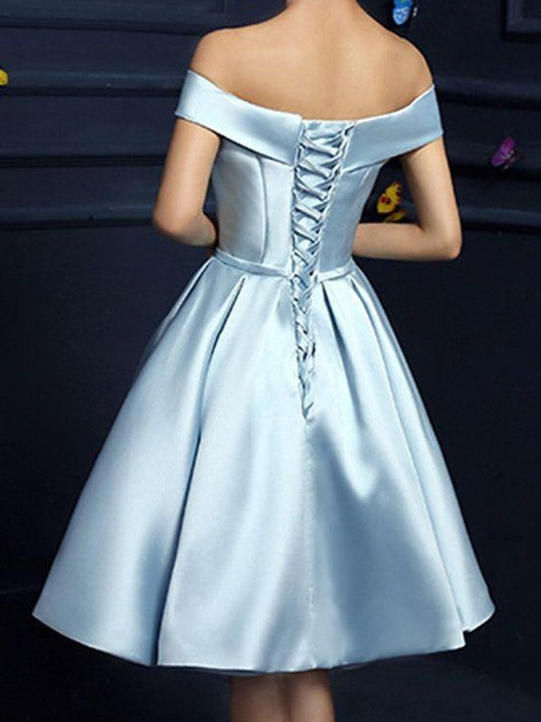 Wholesale A-Line/Princess Satin Off-the-Shoulder Bowknot Sleeveless Knee-Length Dresses