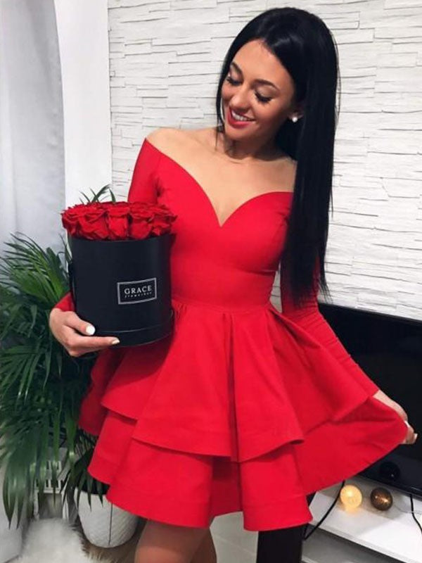 Wholesale A-Line/Princess Stretch Crepe Off-the-Shoulder Ruffles Long Sleeves Short/Mini Dresses