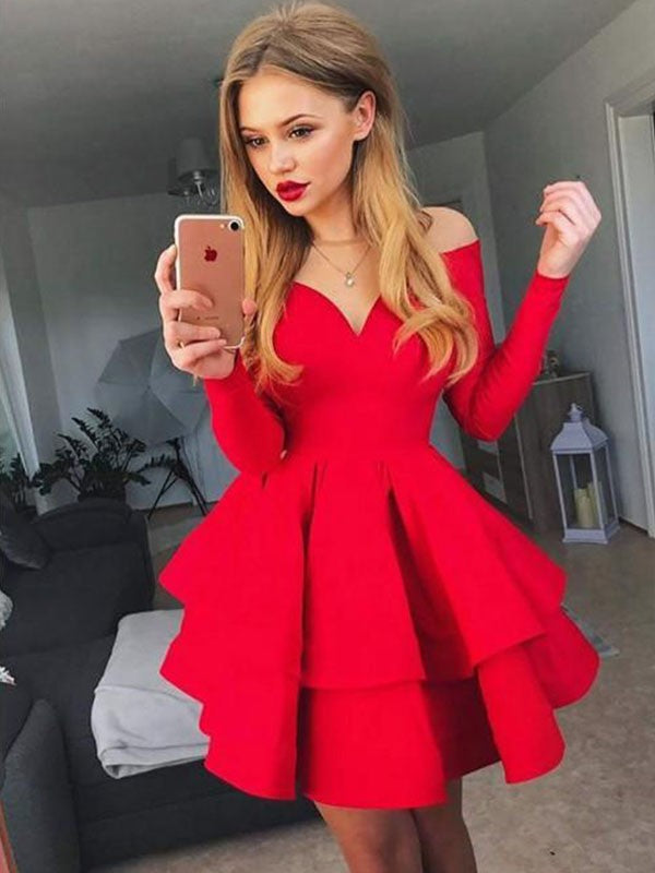 Wholesale A-Line/Princess Stretch Crepe Off-the-Shoulder Ruffles Long Sleeves Short/Mini Dresses