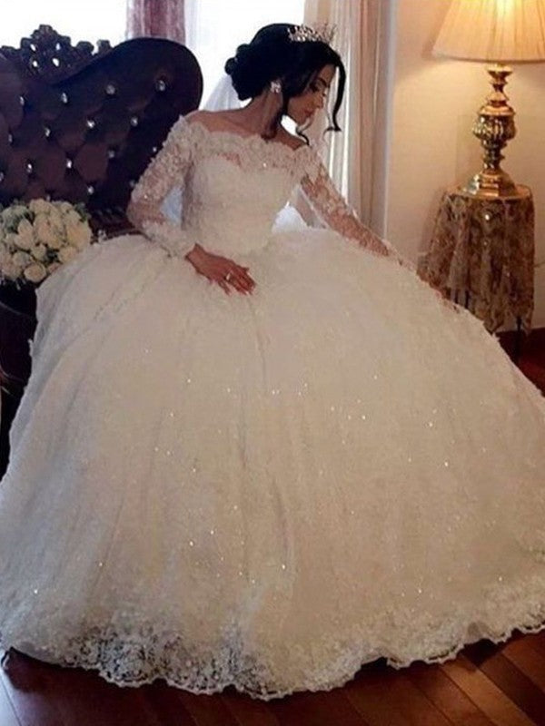 Wholesale Ball Gown Bateau Long Sleeves Floor-Length Lace Wedding Dresses