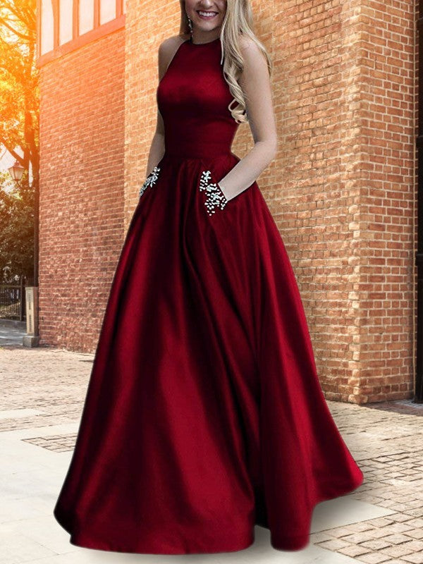 Wholesale A-Line/Princess Halter Sleeveless Floor-Length Beading Satin Dresses