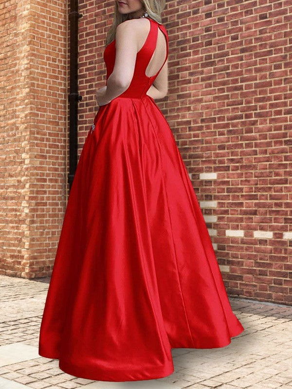 Wholesale A-Line/Princess Halter Sleeveless Floor-Length Beading Satin Dresses