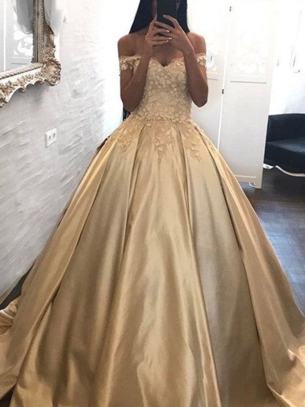 Wholesale Ball Gown Off-the-Shoulder Sleeveless Sweep/Brush Train Applique Satin Dresses