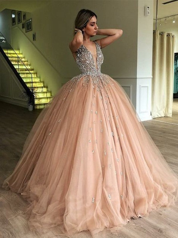 Wholesale Ball Gown V-neck Sleeveless Floor-Length Beading Tulle Dresses