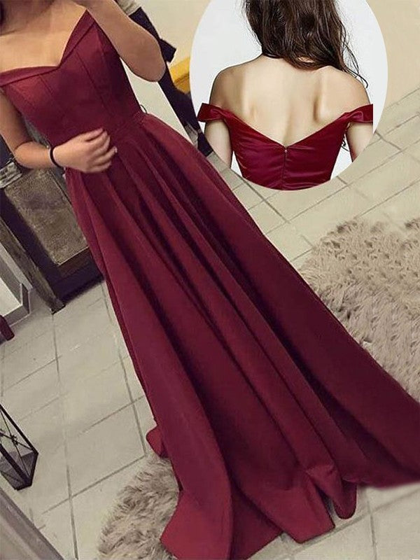 Wholesale A-Line/Princess Off-the-Shoulder Sleeveless Sweep/Brush Train Ruched Satin Dresses
