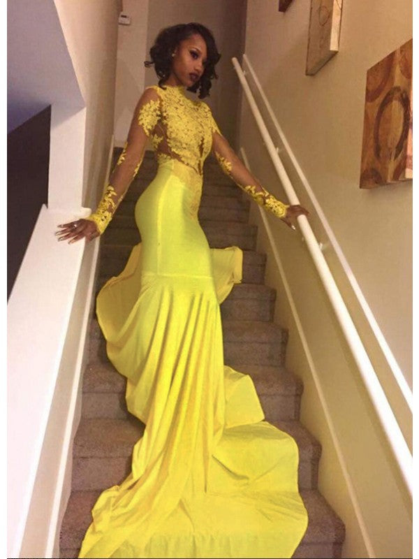 Wholesale Trumpet/Mermaid High Neck Long Sleeves Sweep/Brush Train Applique Jersey Dresses