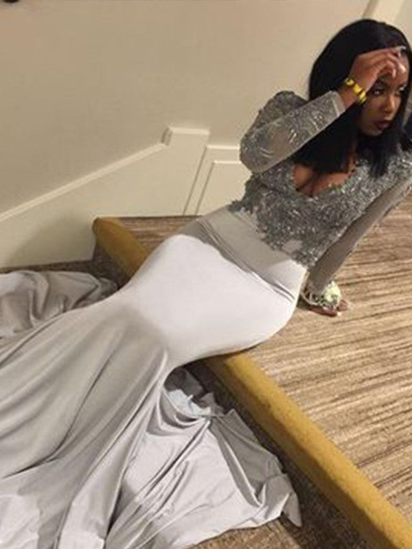 Wholesale Trumpet/Mermaid V-neck Long Sleeves Sweep/Brush Train Applique Jersey Dresses