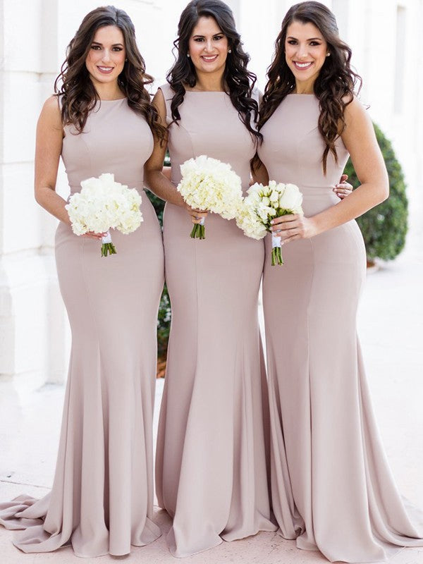 Wholesale Sheath/Column Sleeveless Sheer Neck Sweep/Brush Train Stretch Crepe Bridesmaid Dresses