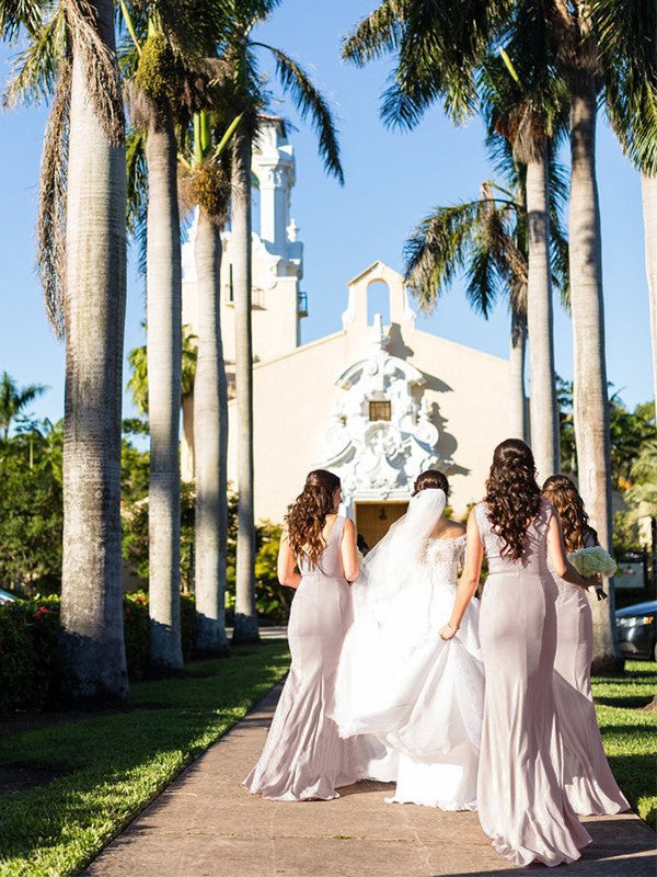 Wholesale Sheath/Column Sleeveless Sheer Neck Sweep/Brush Train Stretch Crepe Bridesmaid Dresses