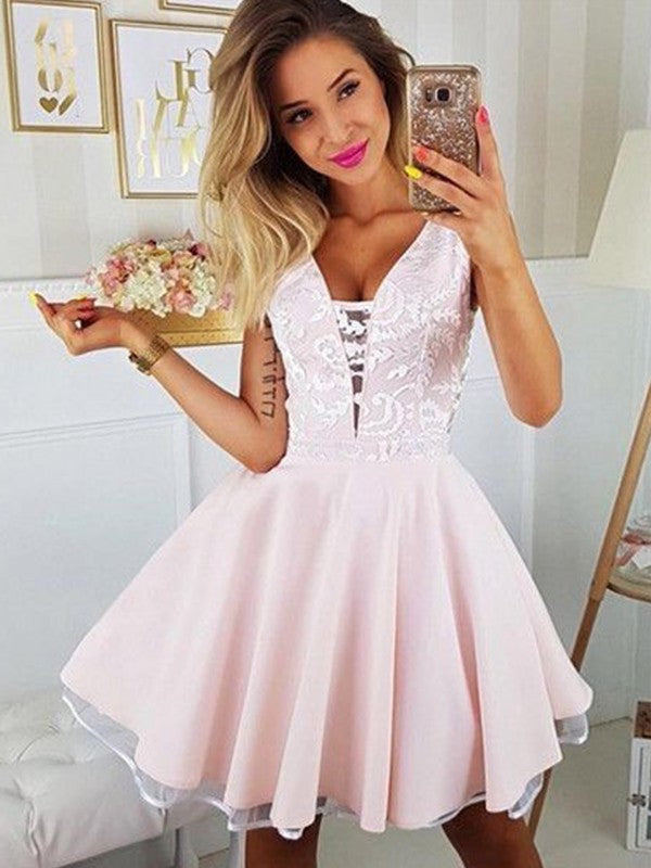 Wholesale A-Line/Princess Satin Applique V-neck Sleeveless Short/Mini Homecoming Dress