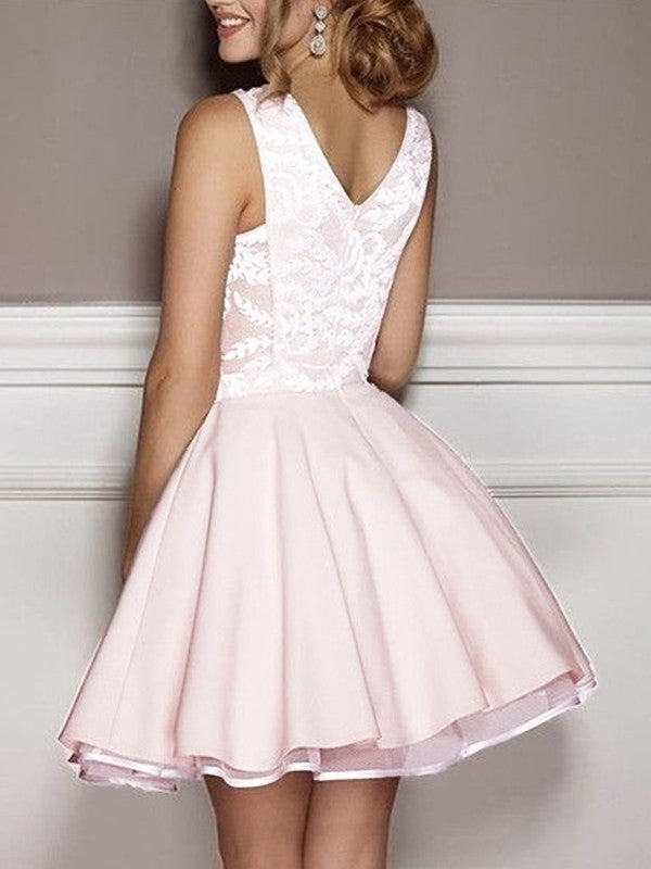 Wholesale A-Line/Princess Satin Applique V-neck Sleeveless Short/Mini Homecoming Dress